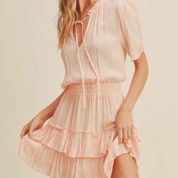 Boho Pink Swiss Dot Ruffle Tiered Tie Front Mini Dress - Picture 2 of 5